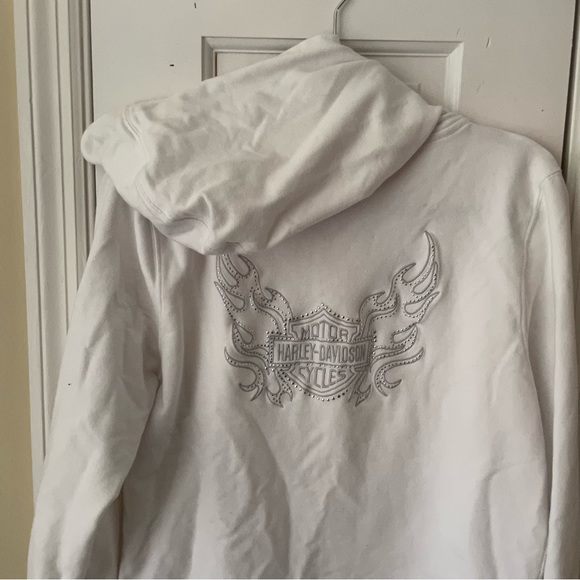 Harley Davidson Embroidered Flames Logo Studded Bling Hoodie in White - Picture 2 of 6